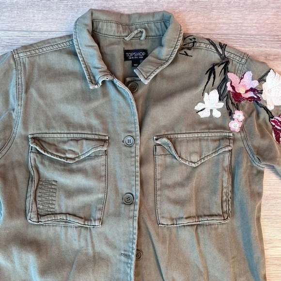 Topshop Women's Army Green Button Front Four Pocket Utility Jacket Size 6 - Picture 2 of 11